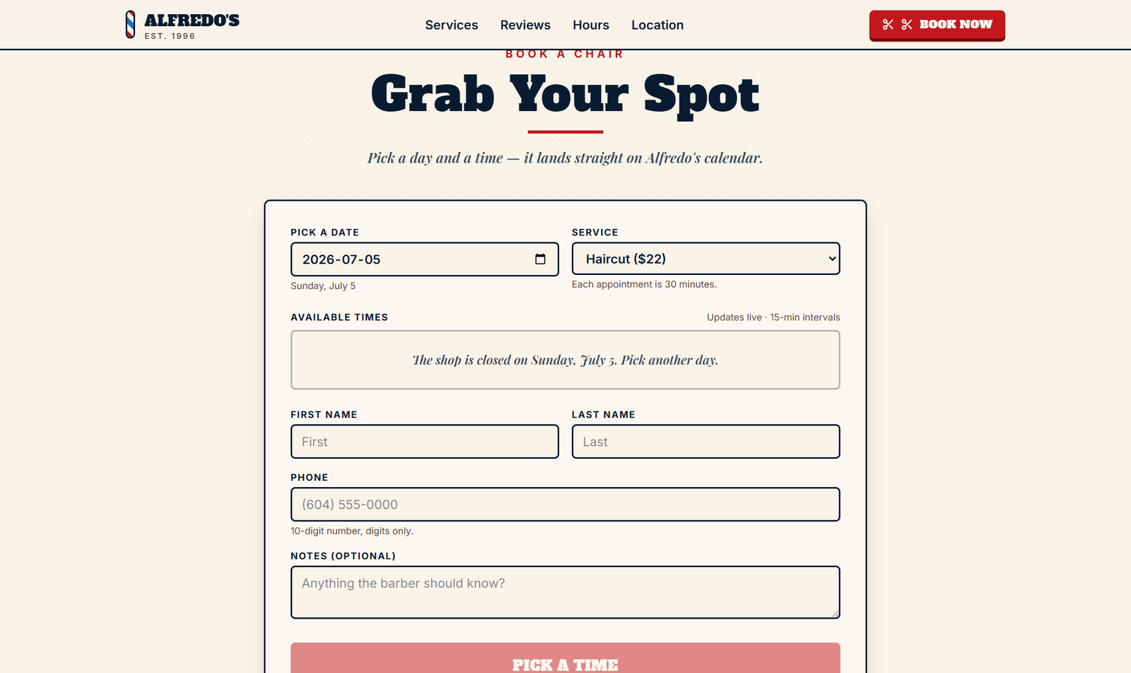 Alfredo's live booking form — pick a date, service, and time