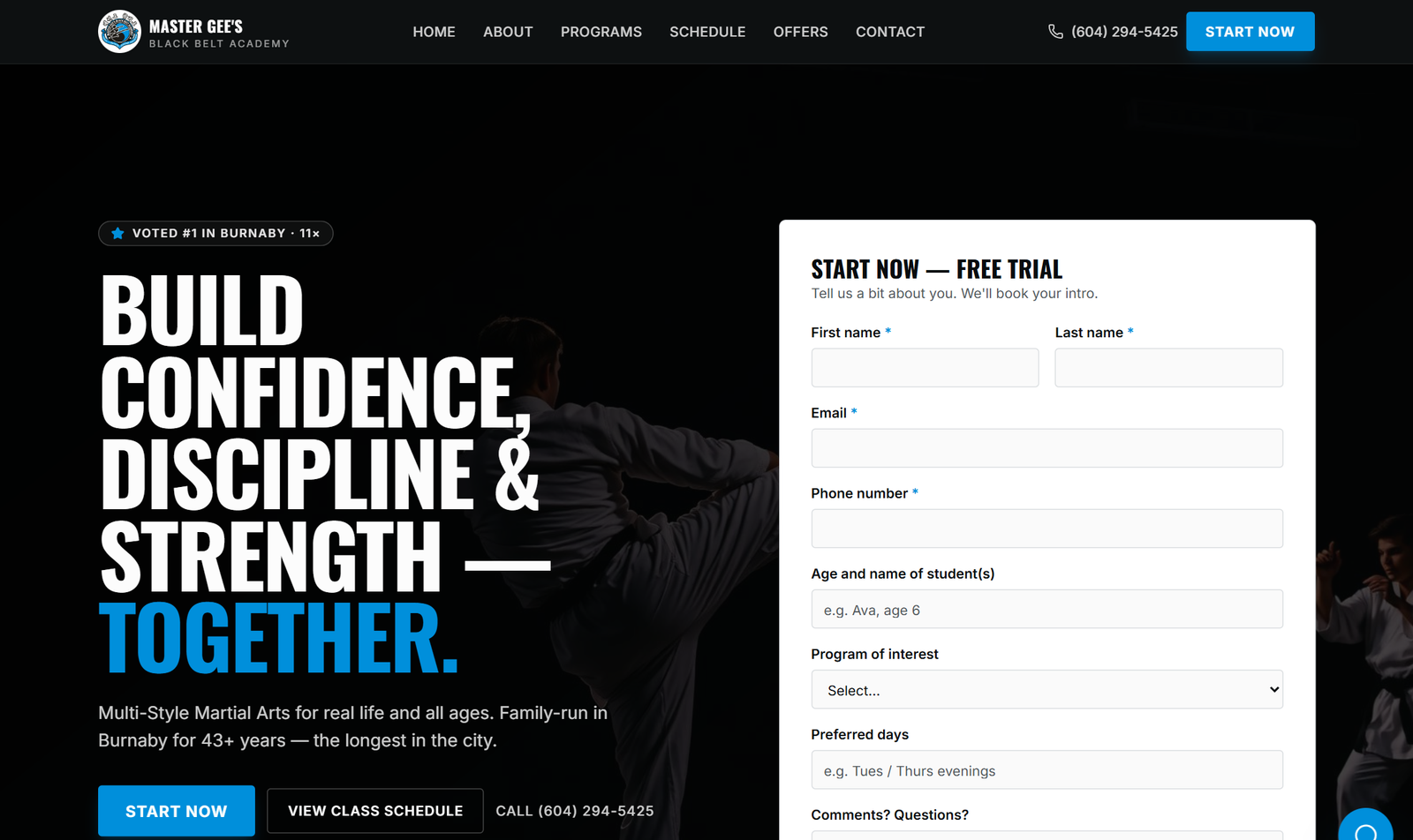 Master Gee's homepage — bold hero with free trial signup form