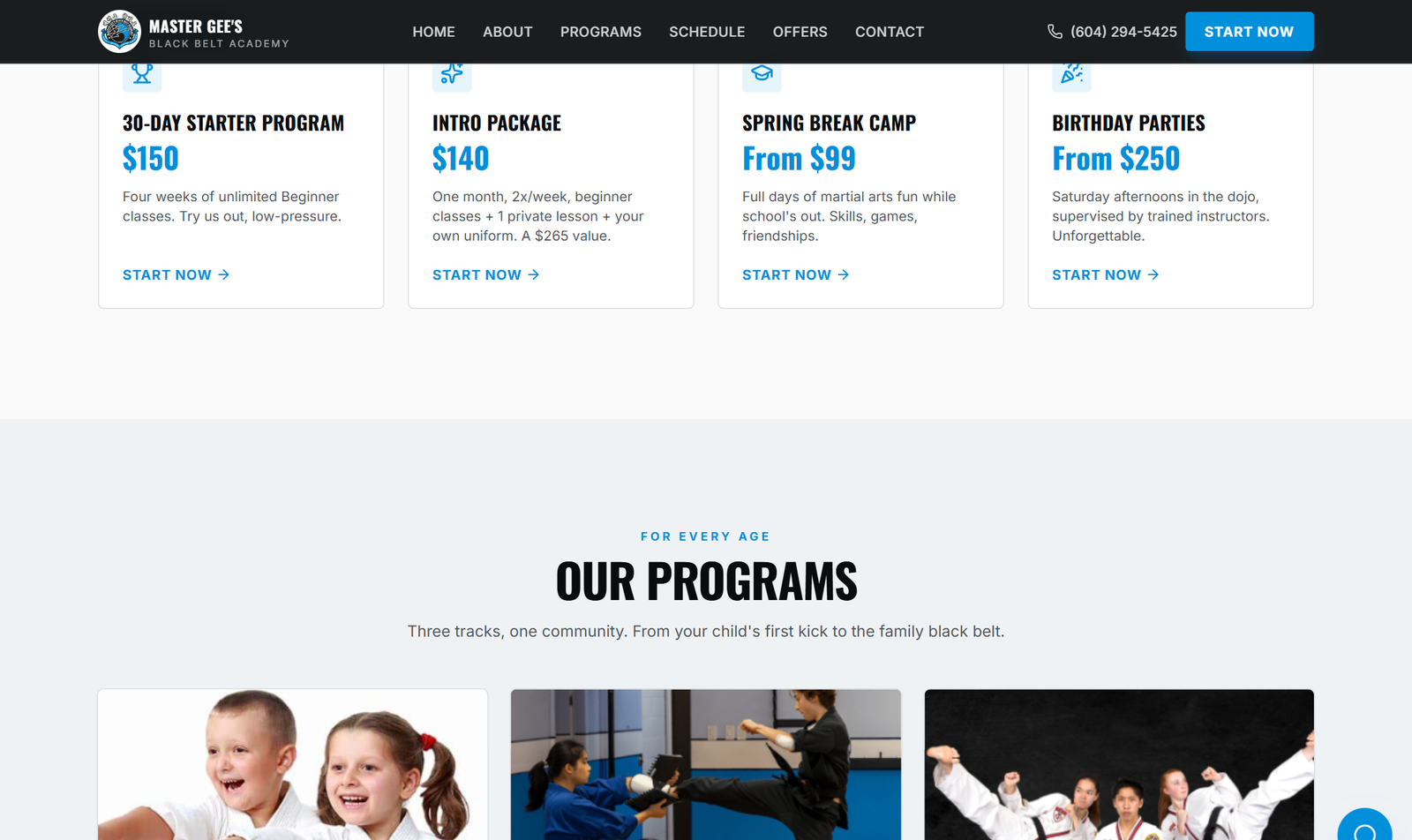 Master Gee's programs section with age-based tracks